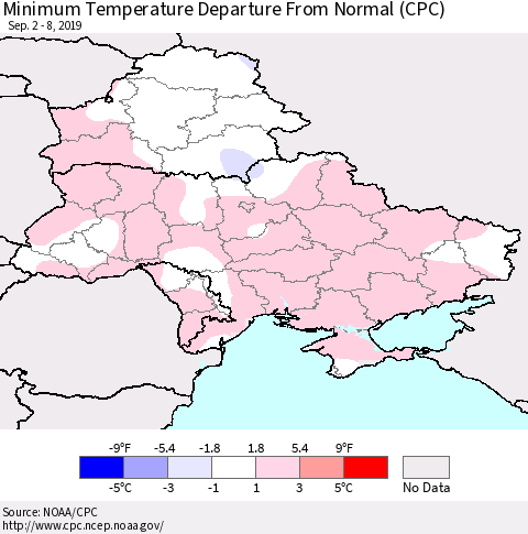 Ukraine, Moldova and Belarus Mean Minimum Temperature Departure from Normal (CPC) Thematic Map For 9/2/2019 - 9/8/2019