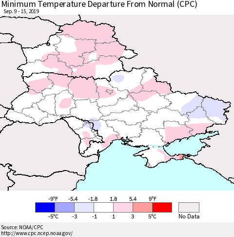 Ukraine, Moldova and Belarus Mean Minimum Temperature Departure from Normal (CPC) Thematic Map For 9/9/2019 - 9/15/2019