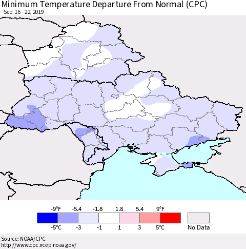 Ukraine, Moldova and Belarus Mean Minimum Temperature Departure from Normal (CPC) Thematic Map For 9/16/2019 - 9/22/2019