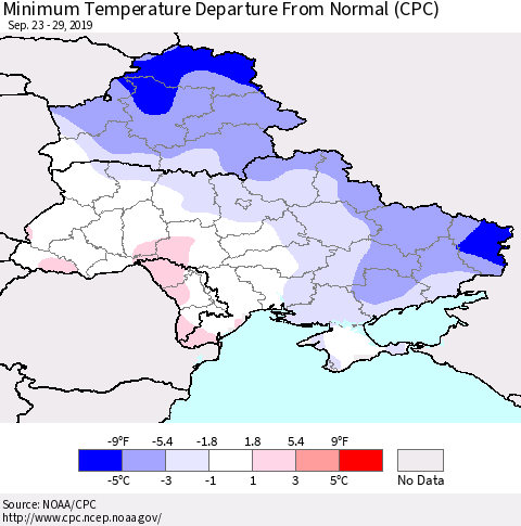 Ukraine, Moldova and Belarus Minimum Temperature Departure From Normal (CPC) Thematic Map For 9/23/2019 - 9/29/2019