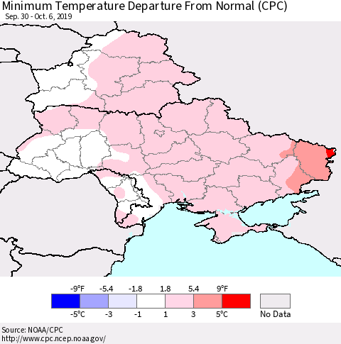 Ukraine, Moldova and Belarus Minimum Temperature Departure From Normal (CPC) Thematic Map For 9/30/2019 - 10/6/2019