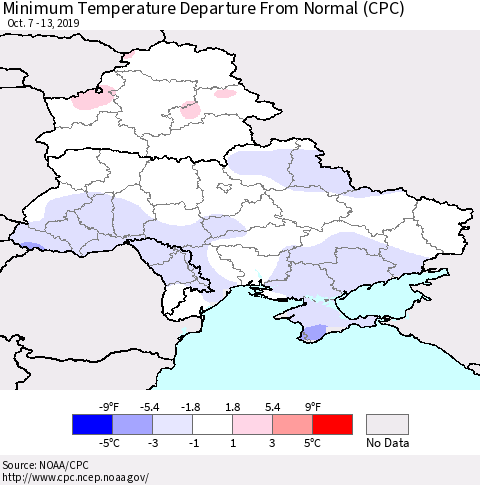 Ukraine, Moldova and Belarus Mean Minimum Temperature Departure from Normal (CPC) Thematic Map For 10/7/2019 - 10/13/2019