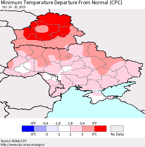 Ukraine, Moldova and Belarus Mean Minimum Temperature Departure from Normal (CPC) Thematic Map For 10/14/2019 - 10/20/2019