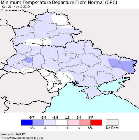 Ukraine, Moldova and Belarus Minimum Temperature Departure From Normal (CPC) Thematic Map For 10/28/2019 - 11/3/2019