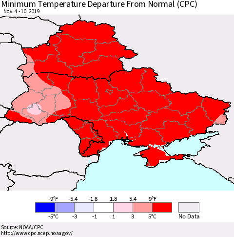 Ukraine, Moldova and Belarus Minimum Temperature Departure From Normal (CPC) Thematic Map For 11/4/2019 - 11/10/2019