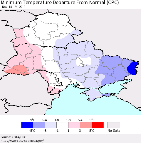 Ukraine, Moldova and Belarus Minimum Temperature Departure From Normal (CPC) Thematic Map For 11/18/2019 - 11/24/2019