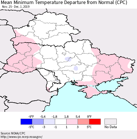 Ukraine, Moldova and Belarus Mean Minimum Temperature Departure from Normal (CPC) Thematic Map For 11/25/2019 - 12/1/2019