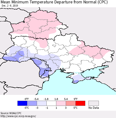 Ukraine, Moldova and Belarus Minimum Temperature Departure From Normal (CPC) Thematic Map For 12/2/2019 - 12/8/2019