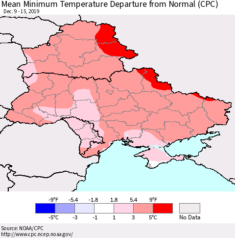 Ukraine, Moldova and Belarus Mean Minimum Temperature Departure from Normal (CPC) Thematic Map For 12/9/2019 - 12/15/2019
