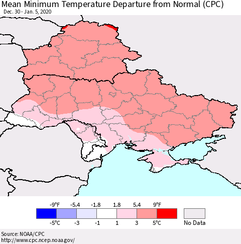 Ukraine, Moldova and Belarus Mean Minimum Temperature Departure from Normal (CPC) Thematic Map For 12/30/2019 - 1/5/2020