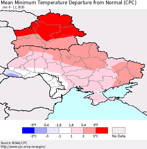 Ukraine, Moldova and Belarus Minimum Temperature Departure From Normal (CPC) Thematic Map For 1/6/2020 - 1/12/2020