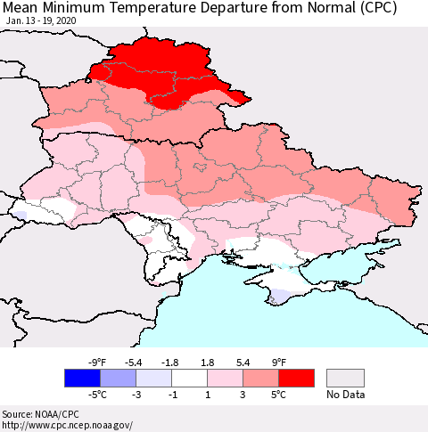 Ukraine, Moldova and Belarus Mean Minimum Temperature Departure from Normal (CPC) Thematic Map For 1/13/2020 - 1/19/2020