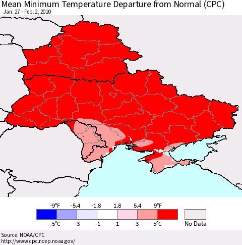 Ukraine, Moldova and Belarus Minimum Temperature Departure From Normal (CPC) Thematic Map For 1/27/2020 - 2/2/2020