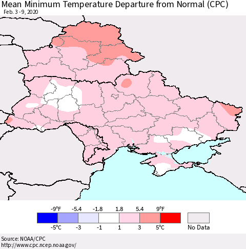 Ukraine, Moldova and Belarus Mean Minimum Temperature Departure from Normal (CPC) Thematic Map For 2/3/2020 - 2/9/2020