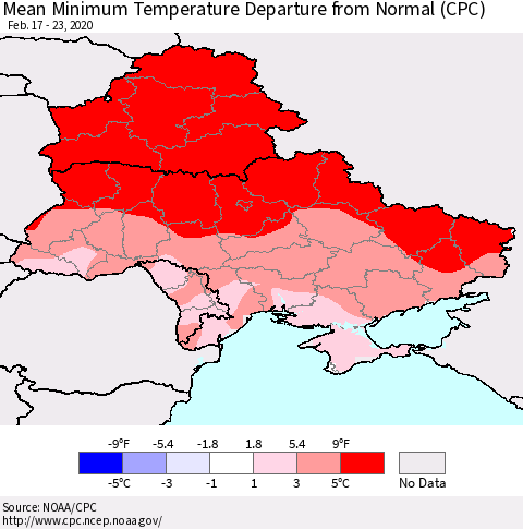 Ukraine, Moldova and Belarus Mean Minimum Temperature Departure from Normal (CPC) Thematic Map For 2/17/2020 - 2/23/2020