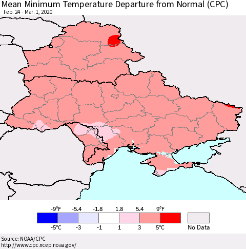 Ukraine, Moldova and Belarus Mean Minimum Temperature Departure from Normal (CPC) Thematic Map For 2/24/2020 - 3/1/2020