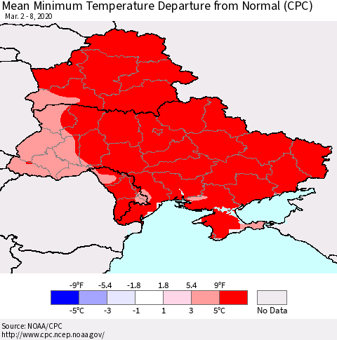 Ukraine, Moldova and Belarus Mean Minimum Temperature Departure from Normal (CPC) Thematic Map For 3/2/2020 - 3/8/2020
