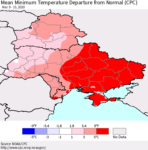 Ukraine, Moldova and Belarus Mean Minimum Temperature Departure from Normal (CPC) Thematic Map For 3/9/2020 - 3/15/2020