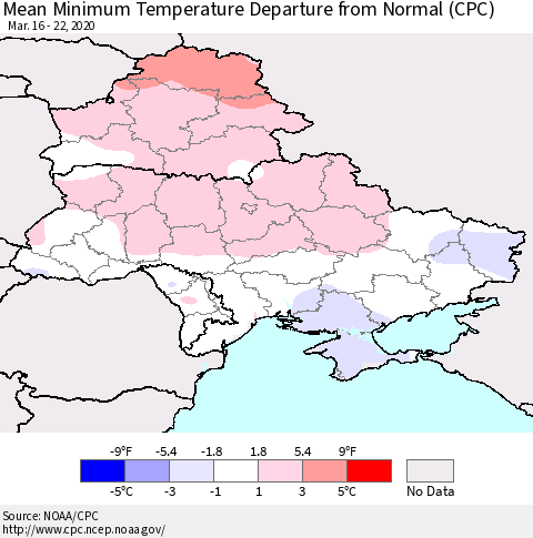 Ukraine, Moldova and Belarus Minimum Temperature Departure From Normal (CPC) Thematic Map For 3/16/2020 - 3/22/2020