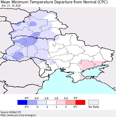 Ukraine, Moldova and Belarus Mean Minimum Temperature Departure from Normal (CPC) Thematic Map For 3/23/2020 - 3/29/2020
