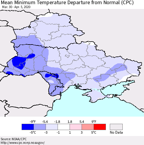 Ukraine, Moldova and Belarus Mean Minimum Temperature Departure from Normal (CPC) Thematic Map For 3/30/2020 - 4/5/2020