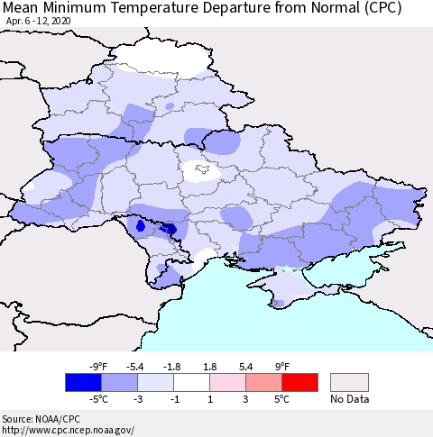 Ukraine, Moldova and Belarus Mean Minimum Temperature Departure from Normal (CPC) Thematic Map For 4/6/2020 - 4/12/2020