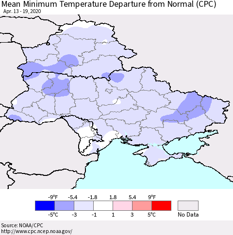 Ukraine, Moldova and Belarus Mean Minimum Temperature Departure from Normal (CPC) Thematic Map For 4/13/2020 - 4/19/2020