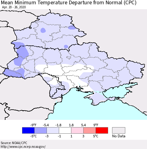 Ukraine, Moldova and Belarus Mean Minimum Temperature Departure from Normal (CPC) Thematic Map For 4/20/2020 - 4/26/2020