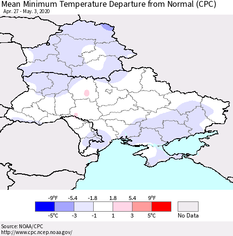 Ukraine, Moldova and Belarus Minimum Temperature Departure From Normal (CPC) Thematic Map For 4/27/2020 - 5/3/2020