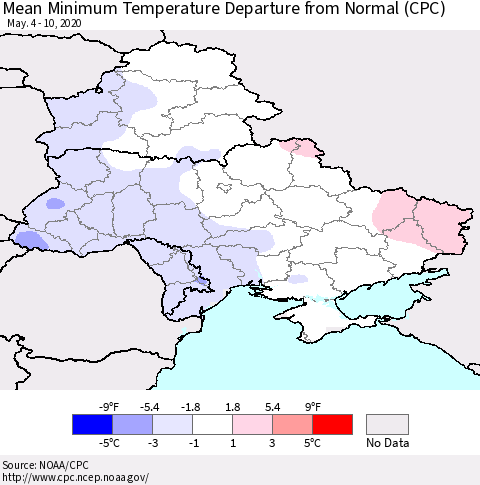 Ukraine, Moldova and Belarus Mean Minimum Temperature Departure from Normal (CPC) Thematic Map For 5/4/2020 - 5/10/2020
