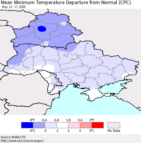 Ukraine, Moldova and Belarus Mean Minimum Temperature Departure from Normal (CPC) Thematic Map For 5/11/2020 - 5/17/2020