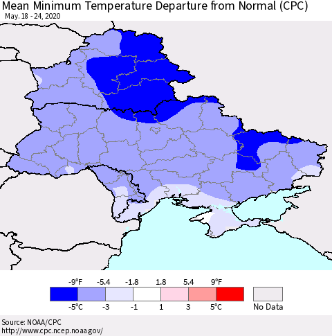 Ukraine, Moldova and Belarus Minimum Temperature Departure From Normal (CPC) Thematic Map For 5/18/2020 - 5/24/2020