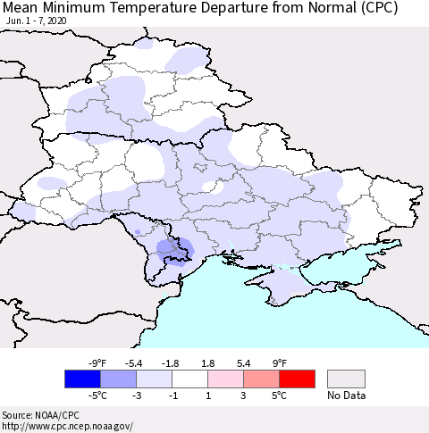 Ukraine, Moldova and Belarus Mean Minimum Temperature Departure from Normal (CPC) Thematic Map For 6/1/2020 - 6/7/2020