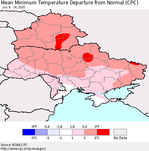 Ukraine, Moldova and Belarus Minimum Temperature Departure From Normal (CPC) Thematic Map For 6/8/2020 - 6/14/2020
