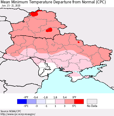 Ukraine, Moldova and Belarus Mean Minimum Temperature Departure from Normal (CPC) Thematic Map For 6/15/2020 - 6/21/2020