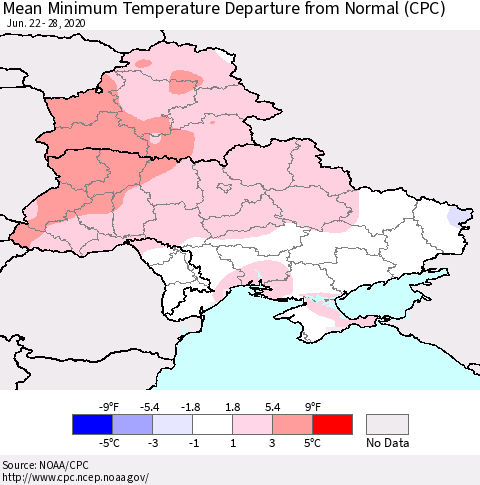 Ukraine, Moldova and Belarus Mean Minimum Temperature Departure from Normal (CPC) Thematic Map For 6/22/2020 - 6/28/2020