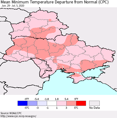 Ukraine, Moldova and Belarus Minimum Temperature Departure From Normal (CPC) Thematic Map For 6/29/2020 - 7/5/2020