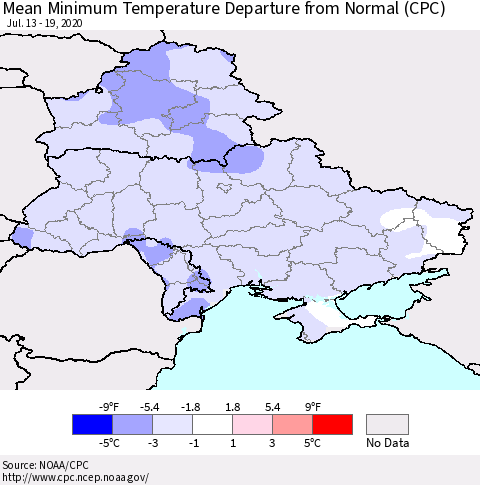 Ukraine, Moldova and Belarus Minimum Temperature Departure From Normal (CPC) Thematic Map For 7/13/2020 - 7/19/2020