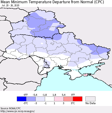 Ukraine, Moldova and Belarus Minimum Temperature Departure From Normal (CPC) Thematic Map For 7/20/2020 - 7/26/2020