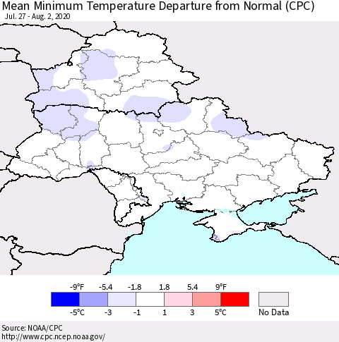Ukraine, Moldova and Belarus Minimum Temperature Departure From Normal (CPC) Thematic Map For 7/27/2020 - 8/2/2020