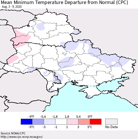 Ukraine, Moldova and Belarus Minimum Temperature Departure From Normal (CPC) Thematic Map For 8/3/2020 - 8/9/2020
