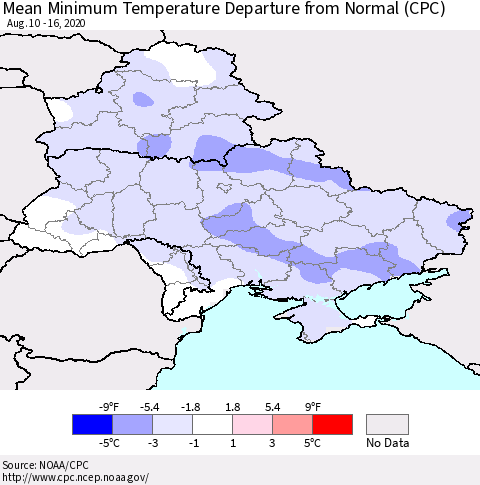 Ukraine, Moldova and Belarus Minimum Temperature Departure From Normal (CPC) Thematic Map For 8/10/2020 - 8/16/2020