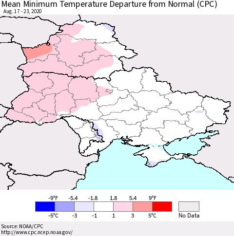 Ukraine, Moldova and Belarus Mean Minimum Temperature Departure from Normal (CPC) Thematic Map For 8/17/2020 - 8/23/2020