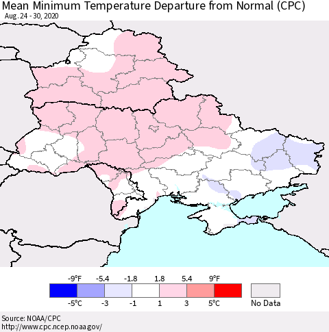 Ukraine, Moldova and Belarus Minimum Temperature Departure From Normal (CPC) Thematic Map For 8/24/2020 - 8/30/2020