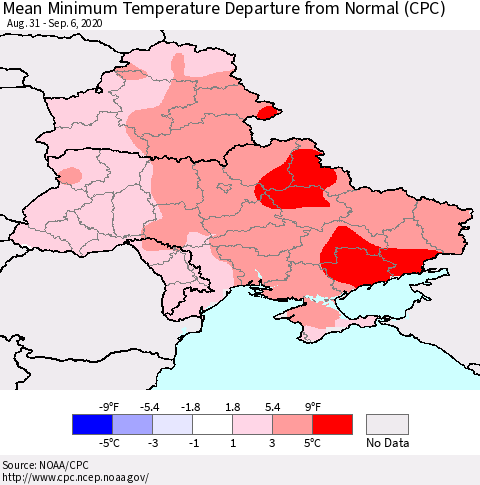Ukraine, Moldova and Belarus Minimum Temperature Departure From Normal (CPC) Thematic Map For 8/31/2020 - 9/6/2020