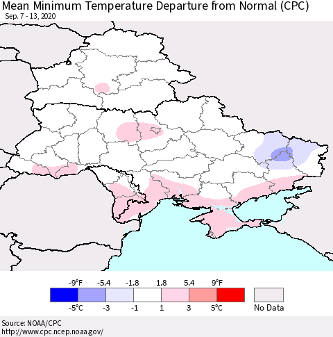 Ukraine, Moldova and Belarus Mean Minimum Temperature Departure from Normal (CPC) Thematic Map For 9/7/2020 - 9/13/2020