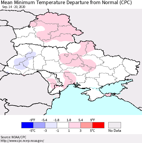 Ukraine, Moldova and Belarus Mean Minimum Temperature Departure from Normal (CPC) Thematic Map For 9/14/2020 - 9/20/2020