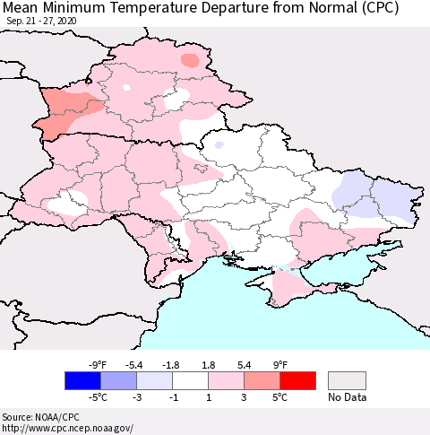 Ukraine, Moldova and Belarus Mean Minimum Temperature Departure from Normal (CPC) Thematic Map For 9/21/2020 - 9/27/2020