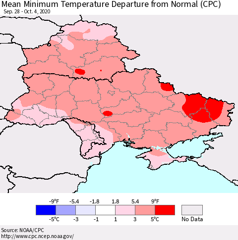 Ukraine, Moldova and Belarus Mean Minimum Temperature Departure from Normal (CPC) Thematic Map For 9/28/2020 - 10/4/2020
