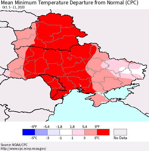 Ukraine, Moldova and Belarus Mean Minimum Temperature Departure from Normal (CPC) Thematic Map For 10/5/2020 - 10/11/2020